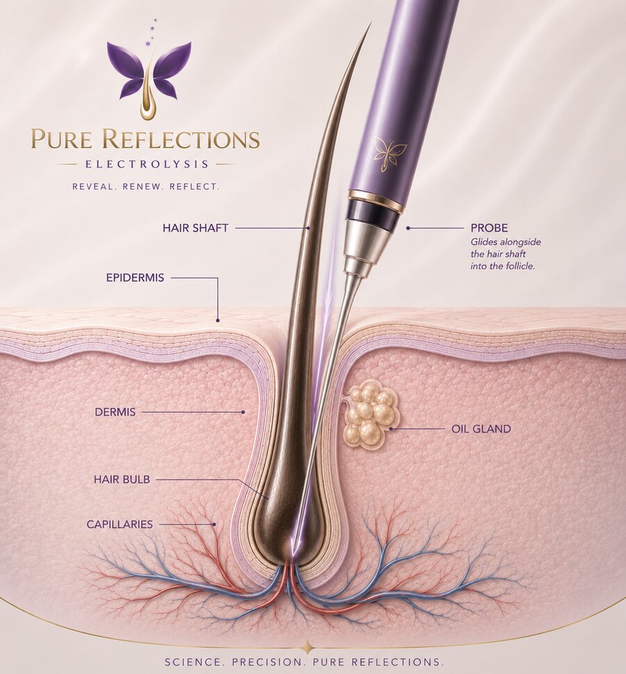 Pure Reflections branded illustration: cross-section of skin showing epidermis, dermis, hair follicle with hair shaft and hair bulb, oil gland, capillaries — with a branded electrolysis probe gliding alongside the hair shaft into the follicle.